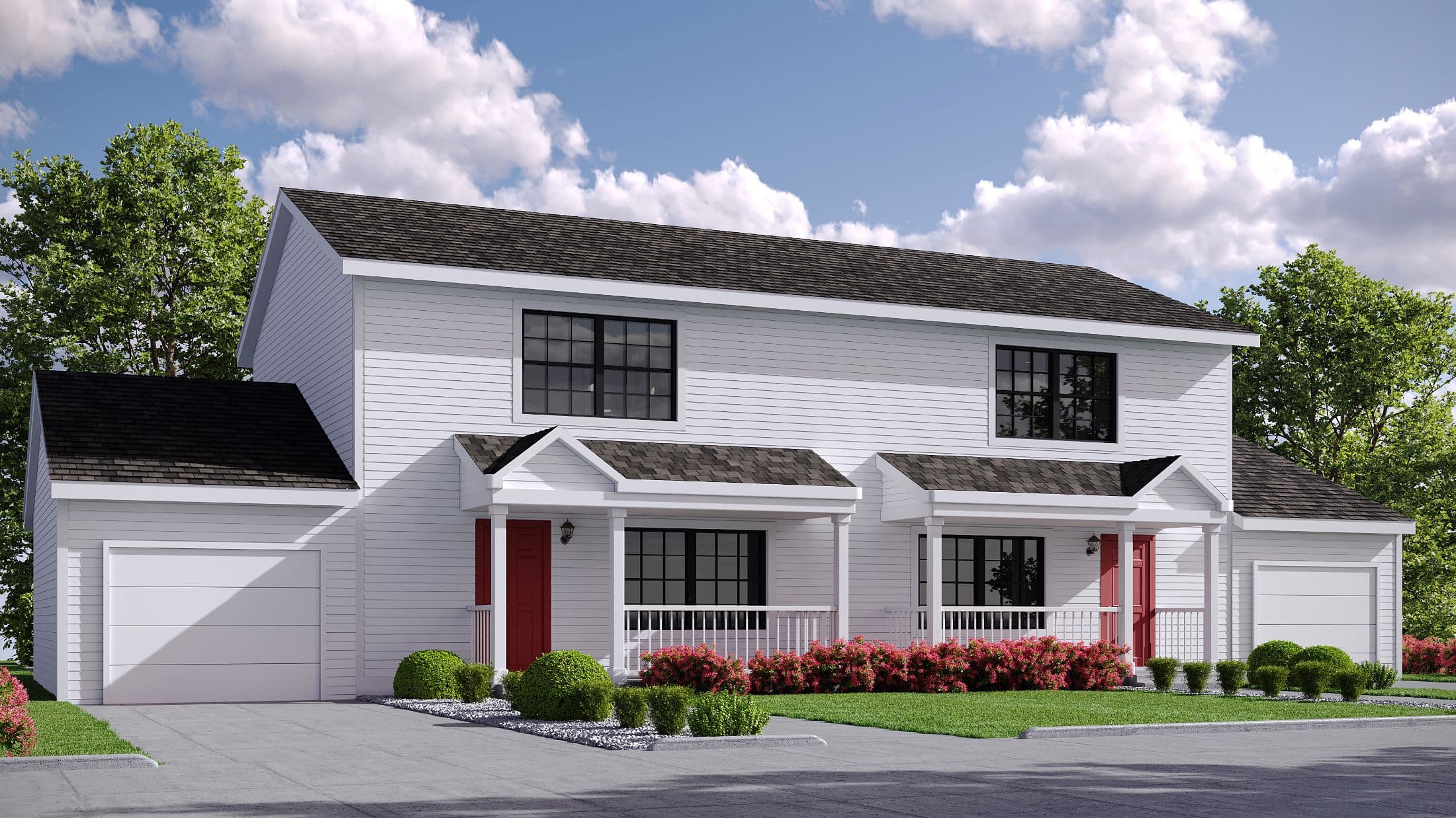 Townhome duplex hero, elevation, and exterior home features